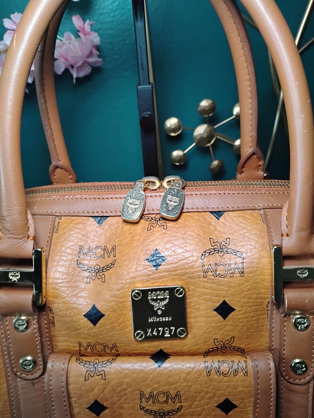 MCM Cognac Monogram Visetos Dome Satchel with Gold Hardware - Picture 3 of 10